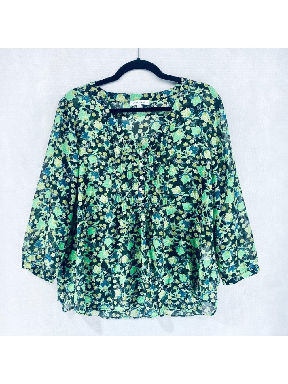 Rose + Olive Cottagecore Top Womens XL Green Floral Lightweight Blouse Boho
